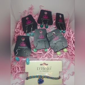 6 pack of green and blue earrings + 1 braclet
